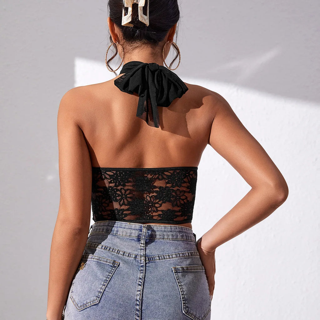 Elegant Lace Mesh Cross Halter Tank Top with Diamond Fishbone Small Vest for Women Tube Top with Lace Mesh Cross Halter Crop Top