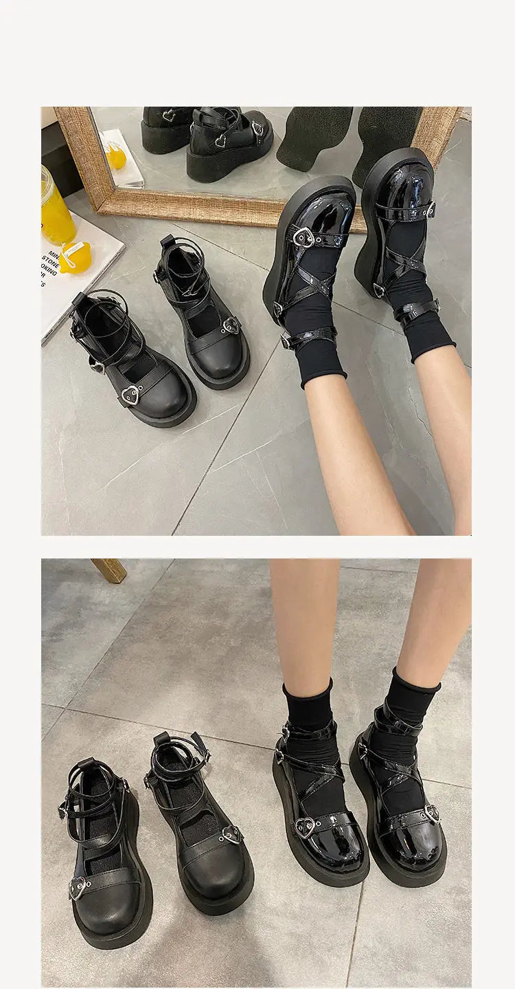 Women heels Lolita shoes platform mary jane Shoes Star Buckle Strap Mary Janes Women Cross-tied Girls Rivet Casual Shoes kawaii