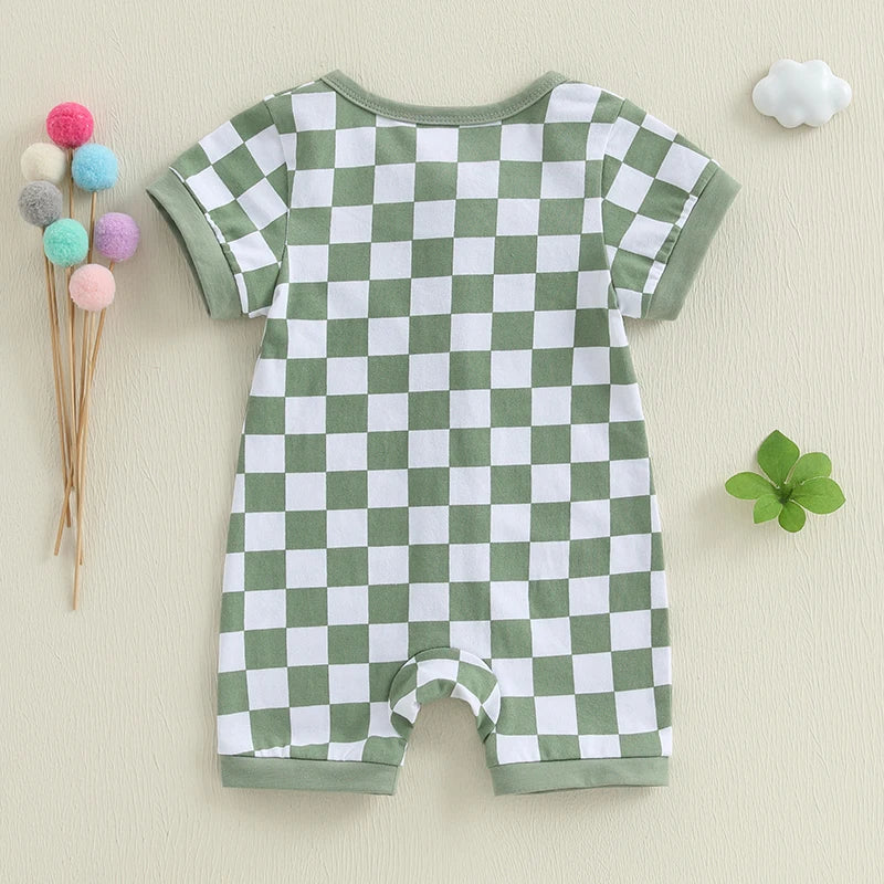 2025-02-06 Lioraitiin Baby Boys Summer Romper Checkerboard Print Short Sleeve Round Neck Zipper Front Jumpsuit