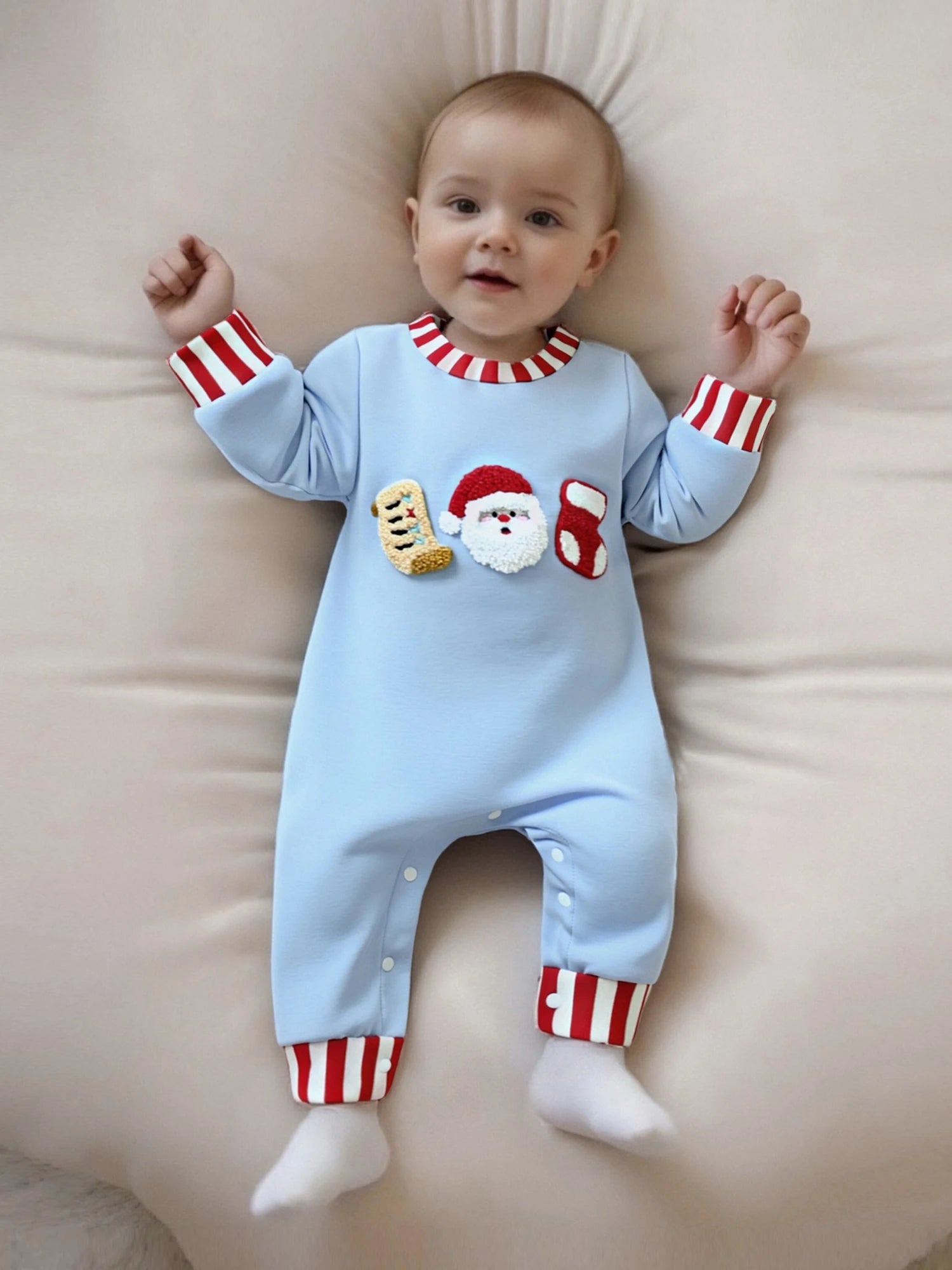 Lioraitiin Newborn Baby Boys Christmas Romper Santa Embroidery Striped Crew Neck Long Sleeve Full Length Jumpsuit