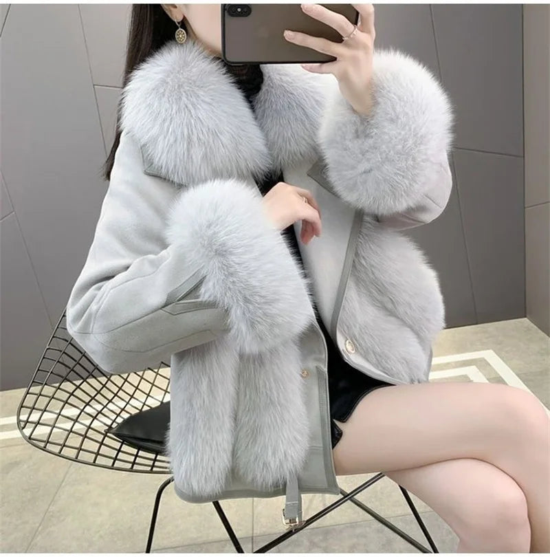 2025 Women Mid-Long Style Faux Fur Jacket Winter Female Pu Leather Splicing Fur Outwear Ladies Long Sleeve Thicken Warm Fur Coat