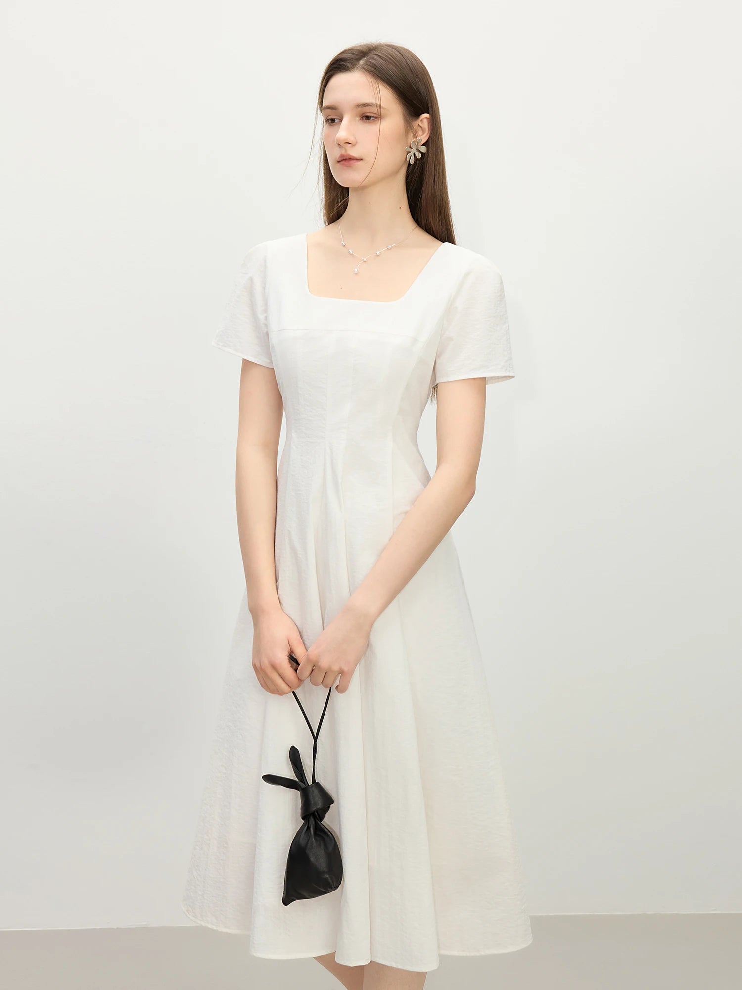 FSLE Gentle Temperament High Waist Short Sleeve Square Collar A-line Dress Female Summer 2025 New Arrival Long Dress 25FS12104