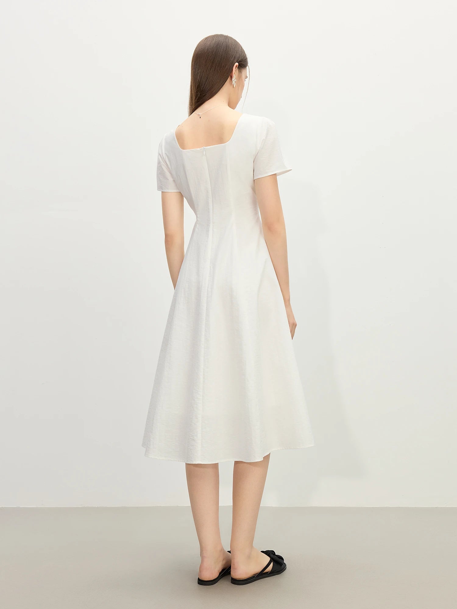 FSLE Gentle Temperament High Waist Short Sleeve Square Collar A-line Dress Female Summer 2025 New Arrival Long Dress 25FS12104