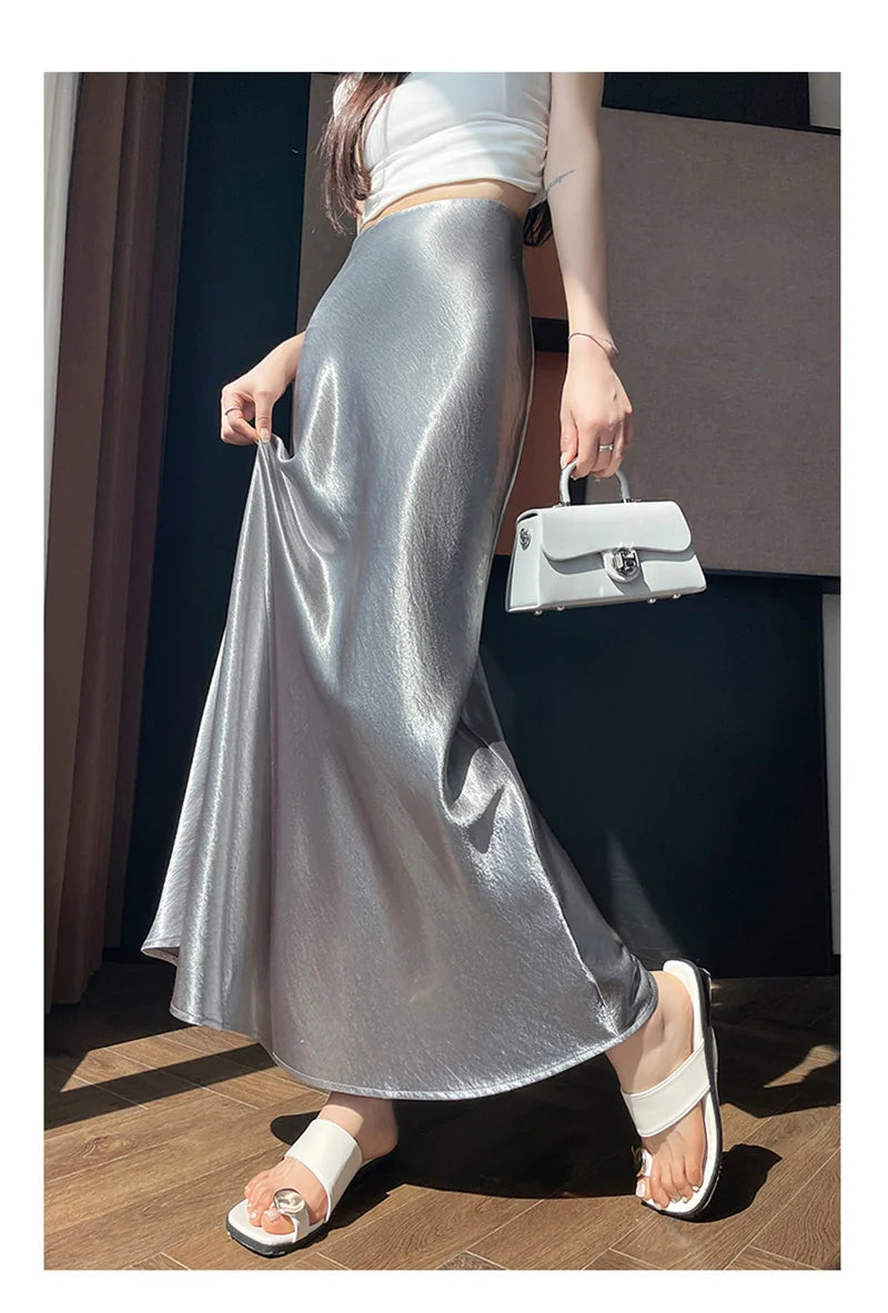 Zoki Chic Satin Elegant Long Skirt Women Casual Fashion High Waist Sweet Trumpet Skirts Slim Summer Female Korean Long Skirts