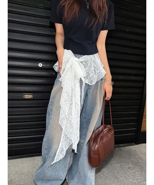 Jeans Pants Decor Embroidered Flower Lace Mini Skirt Irregular See Through Ruched Skirts High Waist Harajuku Pleated Skirts