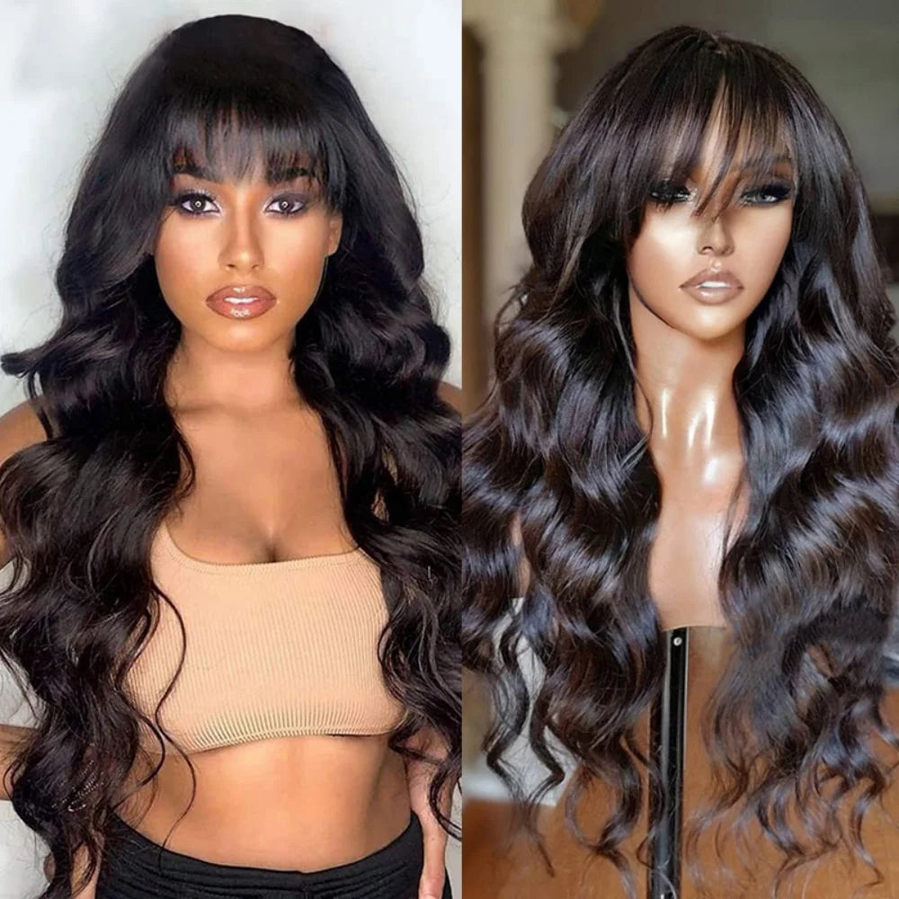 Body Wave Human Hair Wig with Bangs Middle Part 3x1 Lace Frontal Wig with Bangs Brazilian Human Hair Body Wave 34 Inch for Women