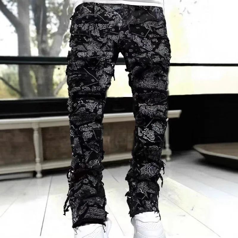 New Mens Denim Straight Leg PantsStreet Fashion InsElastic Waist Stretch Jeans Casual Trousers