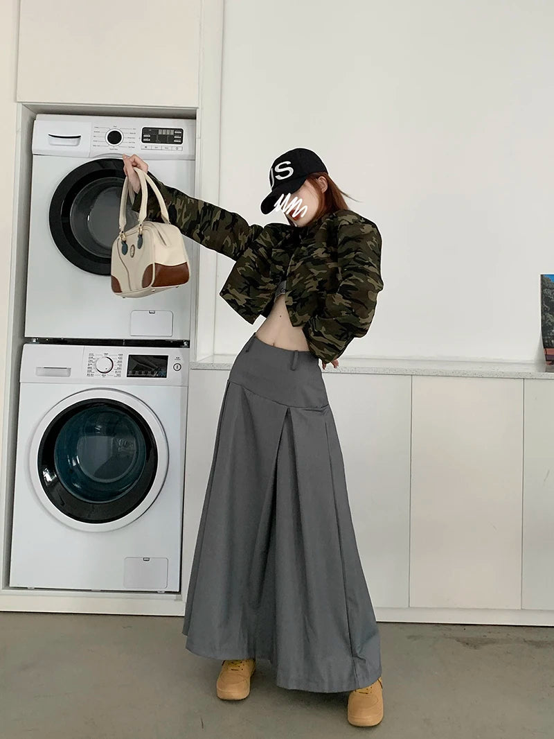 Qiukichonson Grey Midi Long Skirts Womens Trousers Skirt 2022 Autumn Winter Goth Lolita High Waist Asymmetrical Pleated Skirts