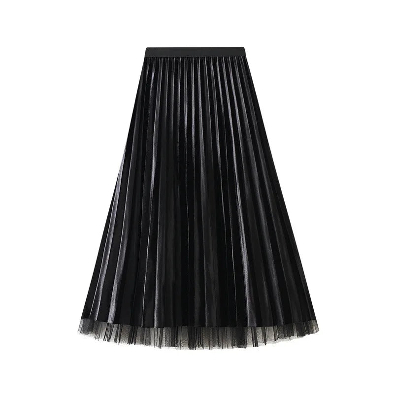 Luxury Velvet Pleated Skirts For Women 2024 Summer Fashion Women's High Waist Mesh Midi Skirt Female Elegant  Solid A-Line Skirt
