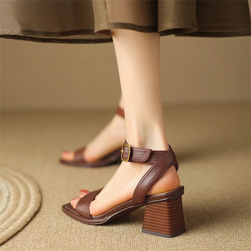 Women's genuine leather sandals narrow band ankle strap 6cm thick med heel open toe summer pumps heels casual shoes for women 42