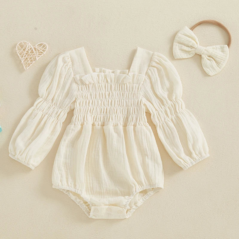 2024-10-29 Lioraitiin Baby Girls Spring Romper Long Sleeve Square Neck Solid Color Romper with Headband