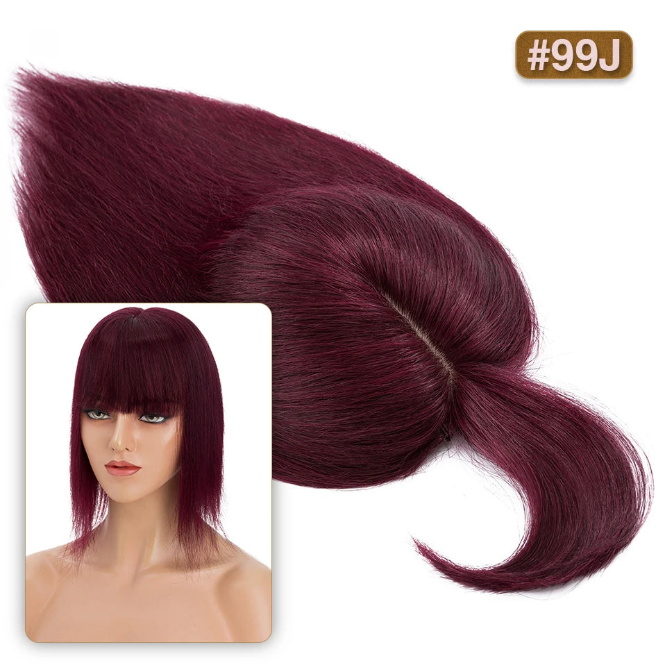 S-noilite Natural Hair Topper Wig for Women 10x12cm with Silk Base 3.5x9cm Human Hair Piece with Bangs Hair Clip Included