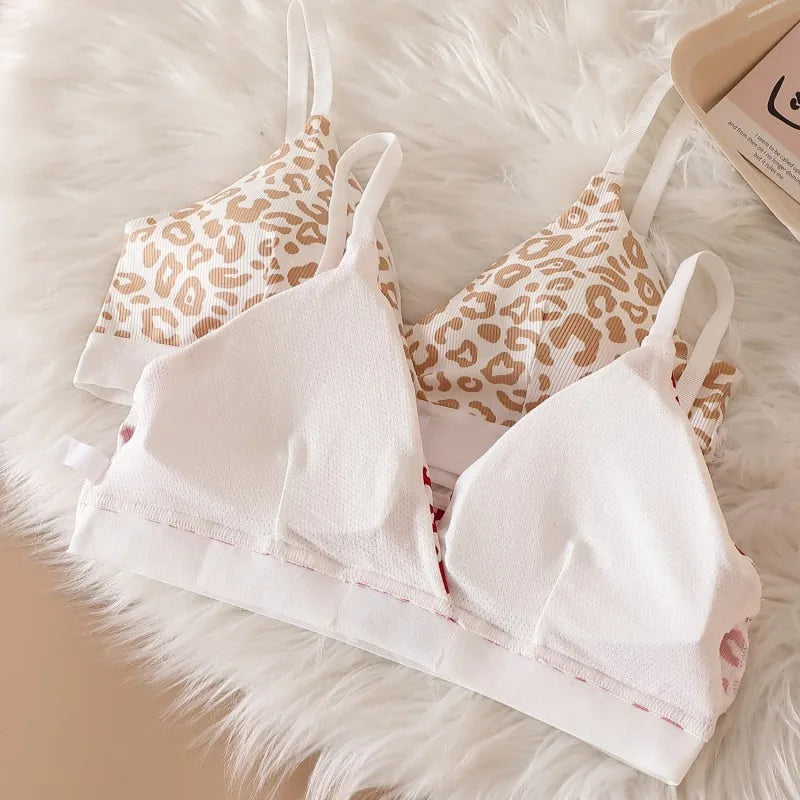 Women V-neck Bra And Panties Set Low Waist Panties Female Sexy Lingerie Set Leopard Print Cotton Bra Sport Underwear Set