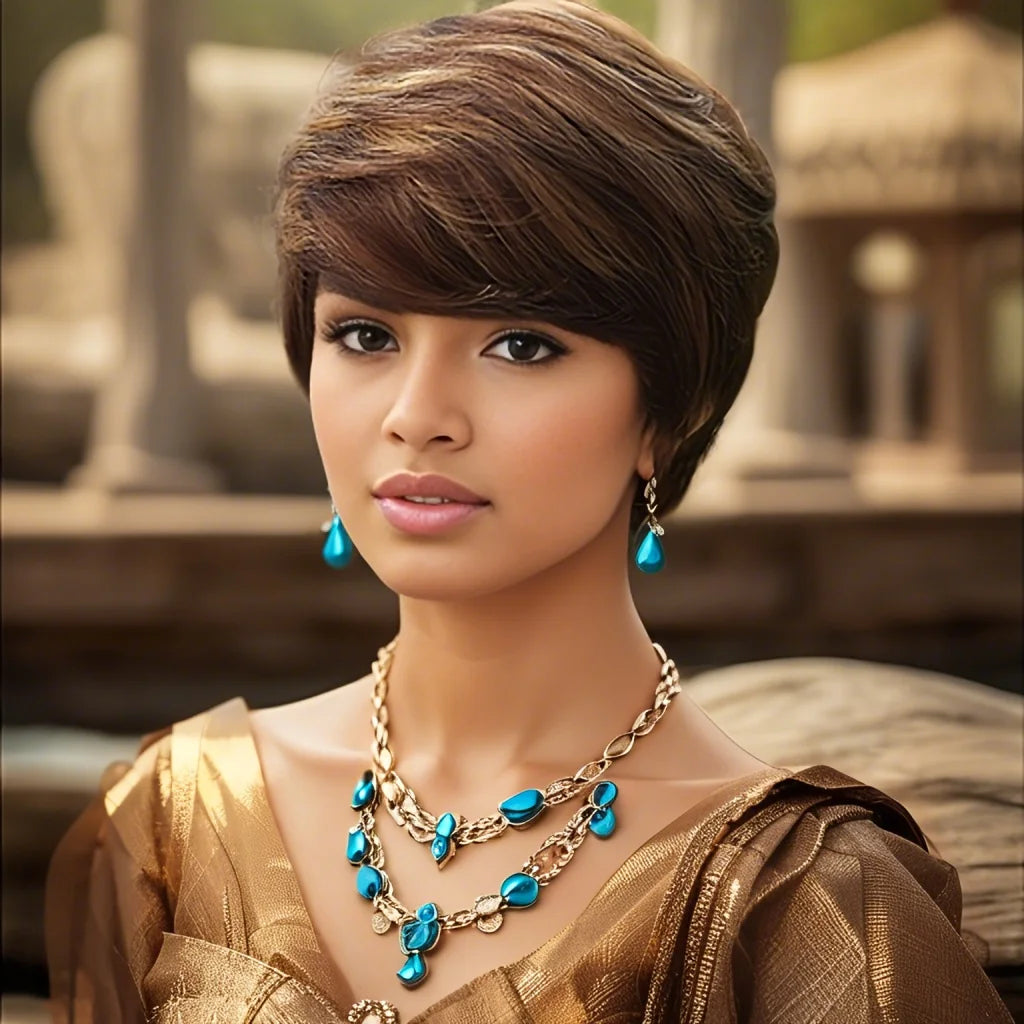  Human Hair Wig Short Layered Straight Ombre Blonde Color Short Pixie Cut Natural Look for Women Machine Made Wig Rose Net Cap