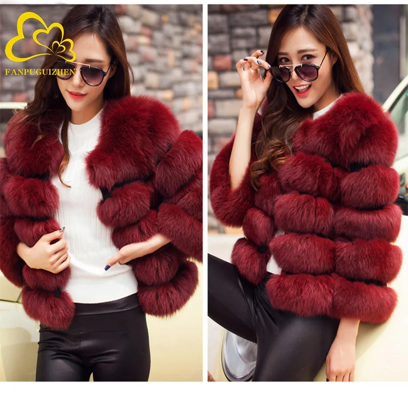 Women Faux Fox Fur Coats Zipper Short Coat Jackets Elegant Thick Warm Solid Jacket Lady Furry Outerwear Elegant Splice Winter