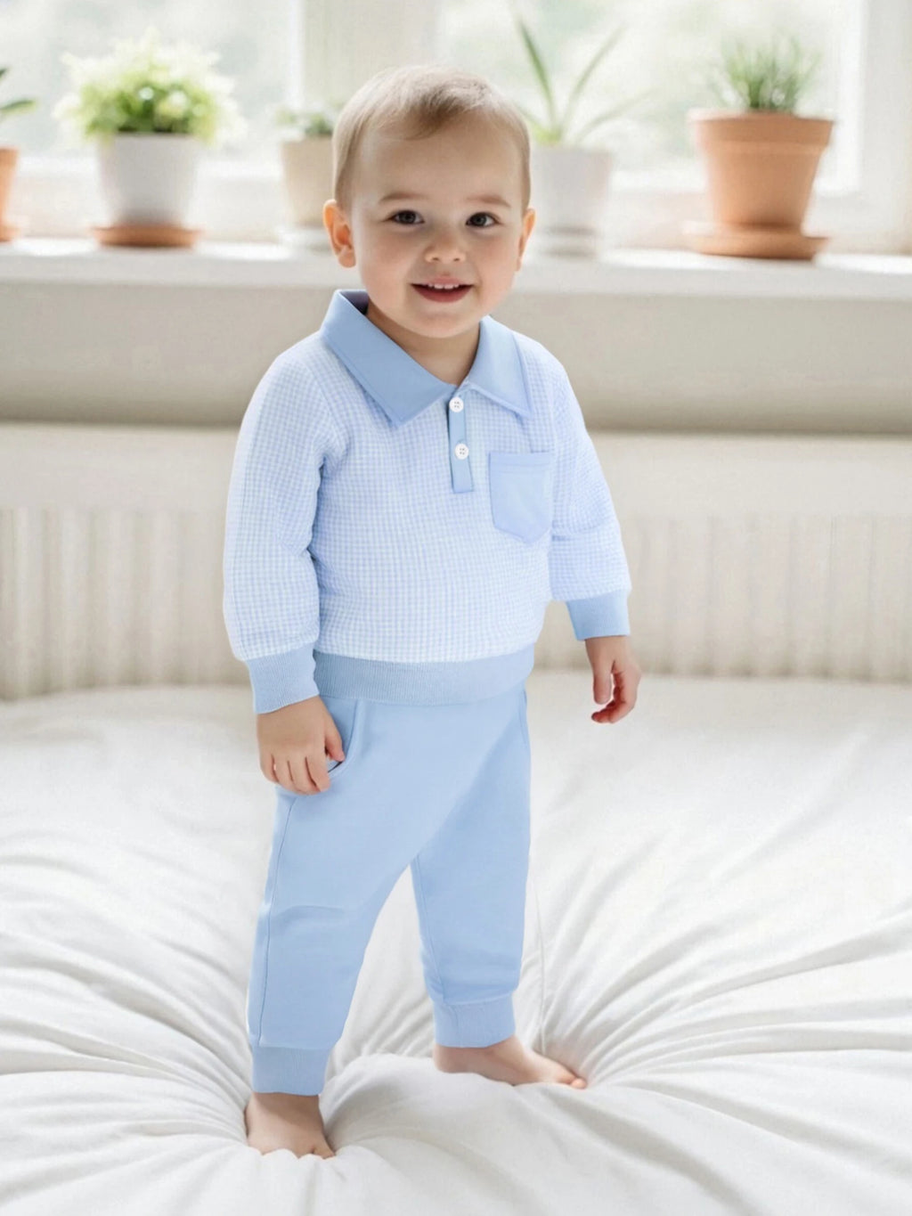 2025-06-03 Lioraitiin Toddler Baby Boys Fall Set Plaid Long Sleeve Lapel Tops and Solid Color Bow Pants with Pocket 2Pcs Outfits