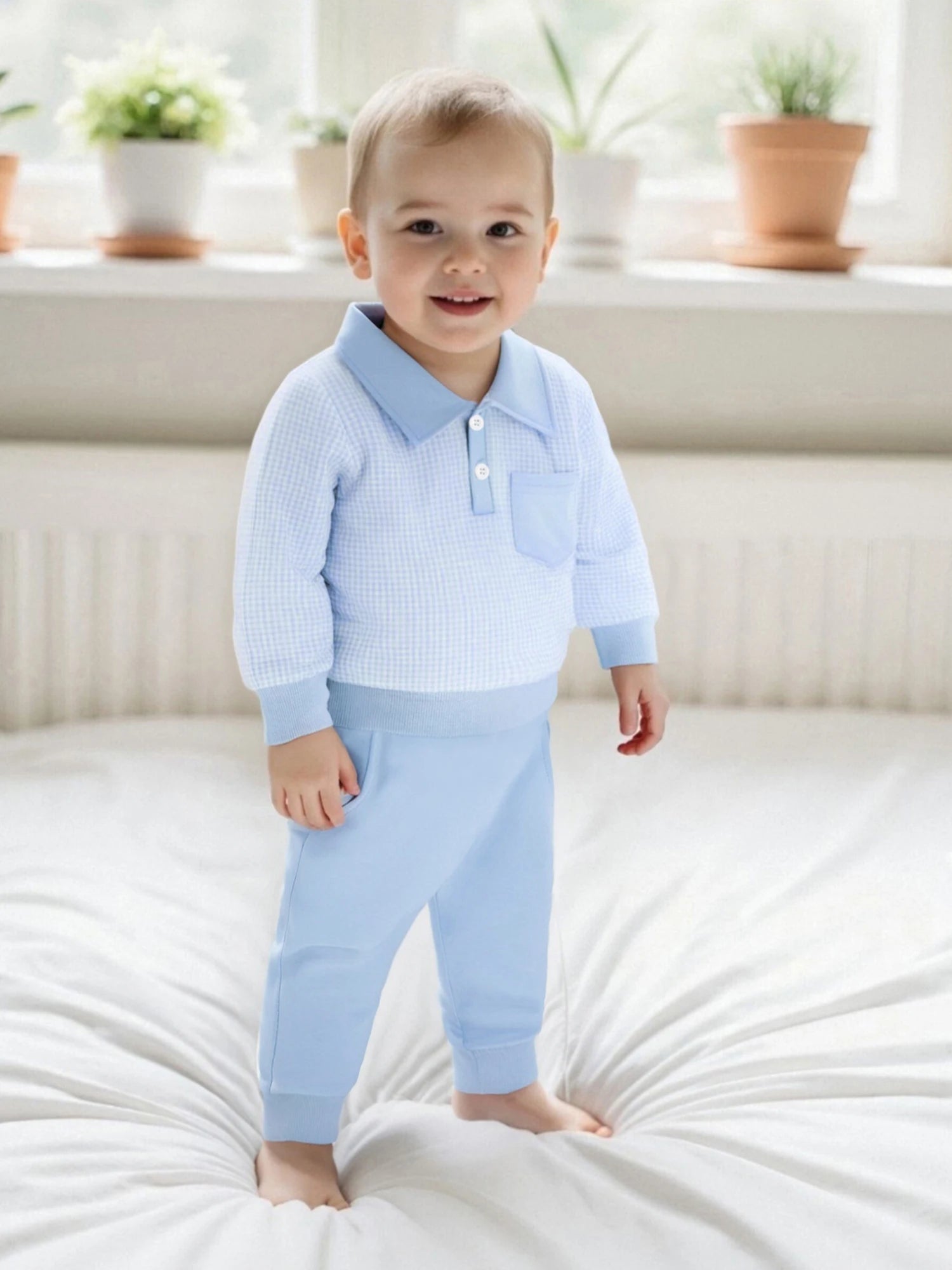 2025-06-03 Lioraitiin Toddler Baby Boys Fall Set Plaid Long Sleeve Lapel Tops and Solid Color Bow Pants with Pocket 2Pcs Outfits
