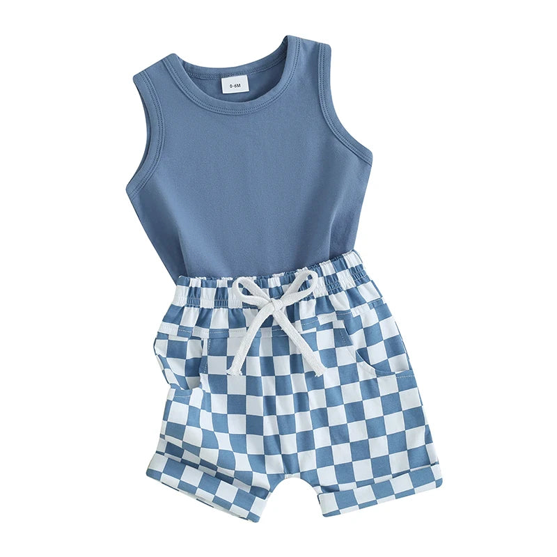 2023-12-09 lioraitiin Summer Baby Boy Clothes Solid Sleeveless Tank Top Checkered Shorts 2Pcs Outfit Set