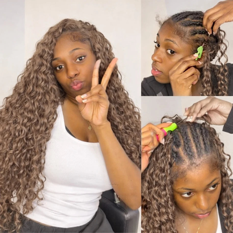 Deep Wave Crochet Hair Extensions Honey Blonde Color Knotless Pre-Separated Human Hair Deep Curly Feather Crochet Braid Hair