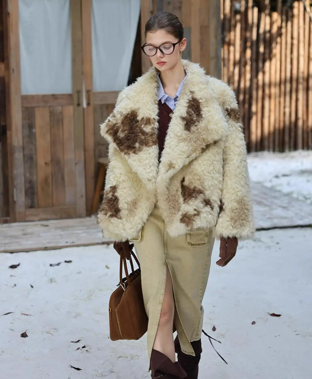 HIGH QUALITY Winter Large Lapel Curly Lamb Fur Coat Long sleeve Warm Shaggy Tie dye Gradient Faux Fur Jacket Loose Outerwear