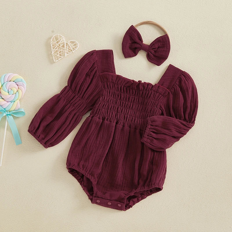 2024-10-29 Lioraitiin Baby Girls Spring Romper Long Sleeve Square Neck Solid Color Romper with Headband