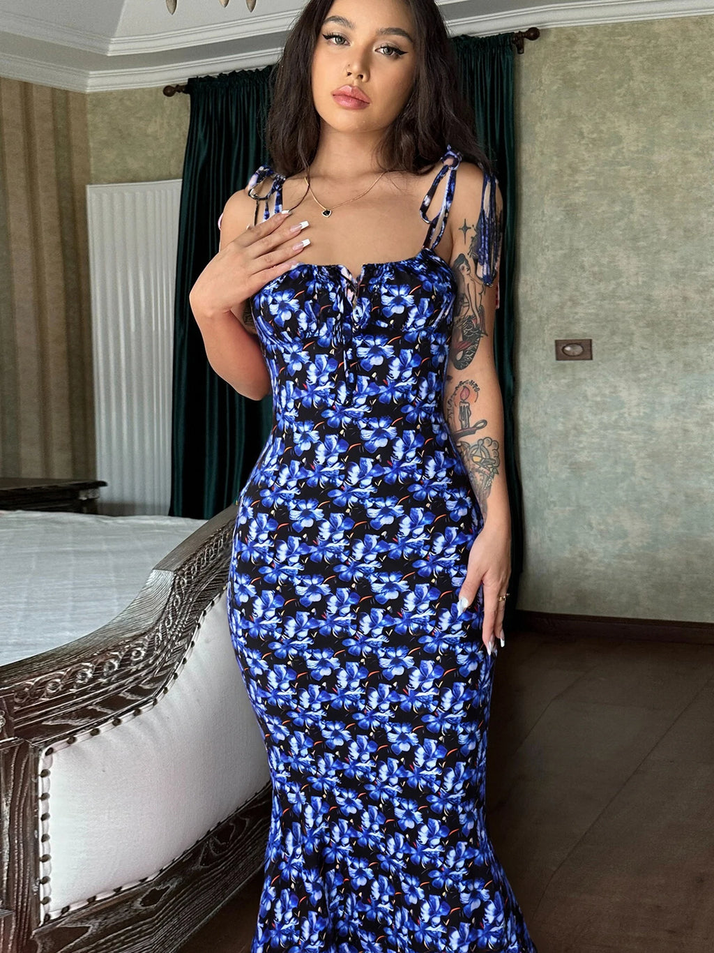 Dulzura Women Floral Print  Sleeveless Bodycon Maxi Dress Outfits Birthday Party Club Clothes