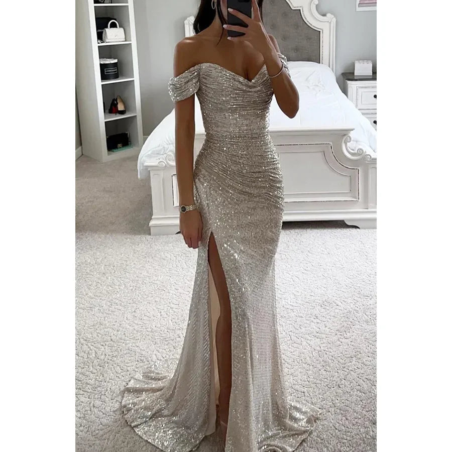 Women's S-XL Size New Party Sequins One line Neck Split Dress INS Casual Versatile Fashionable Charming Slimming Dress for Women