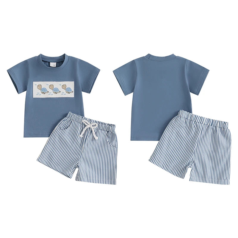 Lioraitiin Toddler Baby Boy Shorts Set Whale/Dinosaur/Turtle Short Sleeve T-shirts Striped Elastic Waist Shorts Summer Outfit