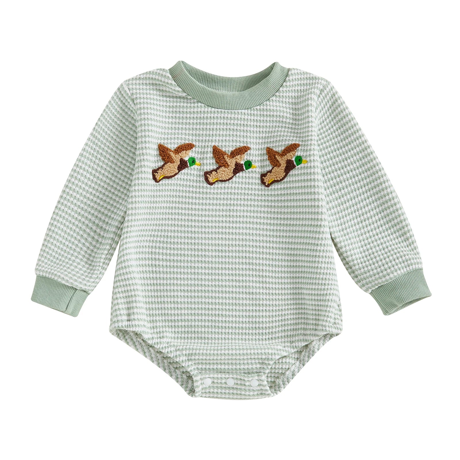 Lioraitiin Newborn Baby Boy Romper Long Sleeve Round Neck Duck Embroidery Bodysuit Fall Playsuit