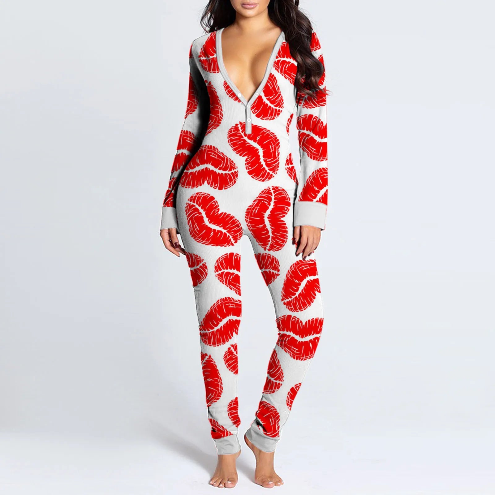 Sexy Women Pajamas Onesies Button-down Buttoned Flap Adults Pyjama Autumn Long Sleeve V-neck Jumpsuit Female Bodysuit Sleepwear