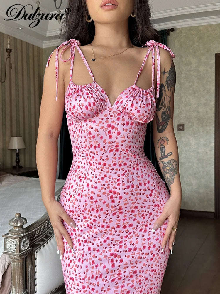 Dulzura Women Floral Print  Sleeveless Bodycon Maxi Dress Outfits Birthday Party Club Clothes