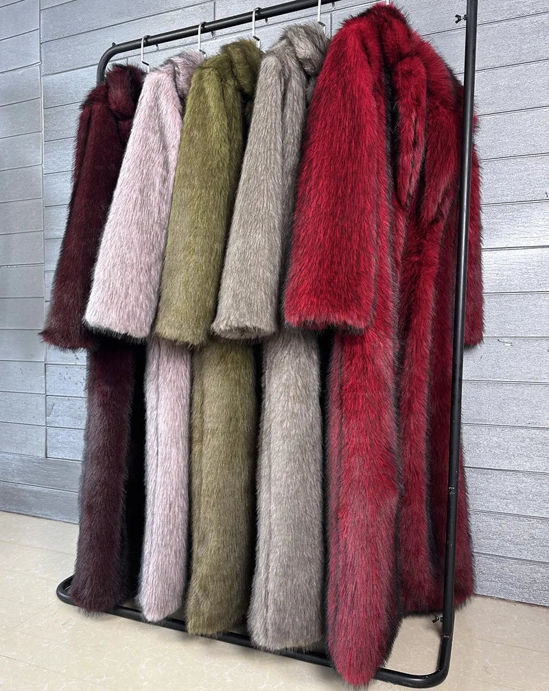DEAT 2025 winter new fashion high quality Fox Faux Fur long Coat for Women Suit Collar solid color thick warm jacket 11A06914