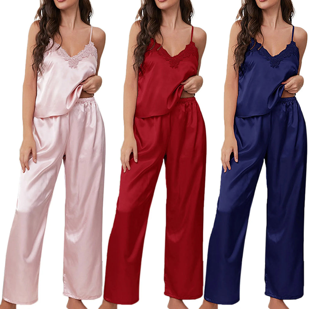 Women'S Satin Pajamas Set Autumn Winter Sleeveless Top Long Pants Sleepwear 2 Piece Set For Women Casual Home Loose Pajamas Set