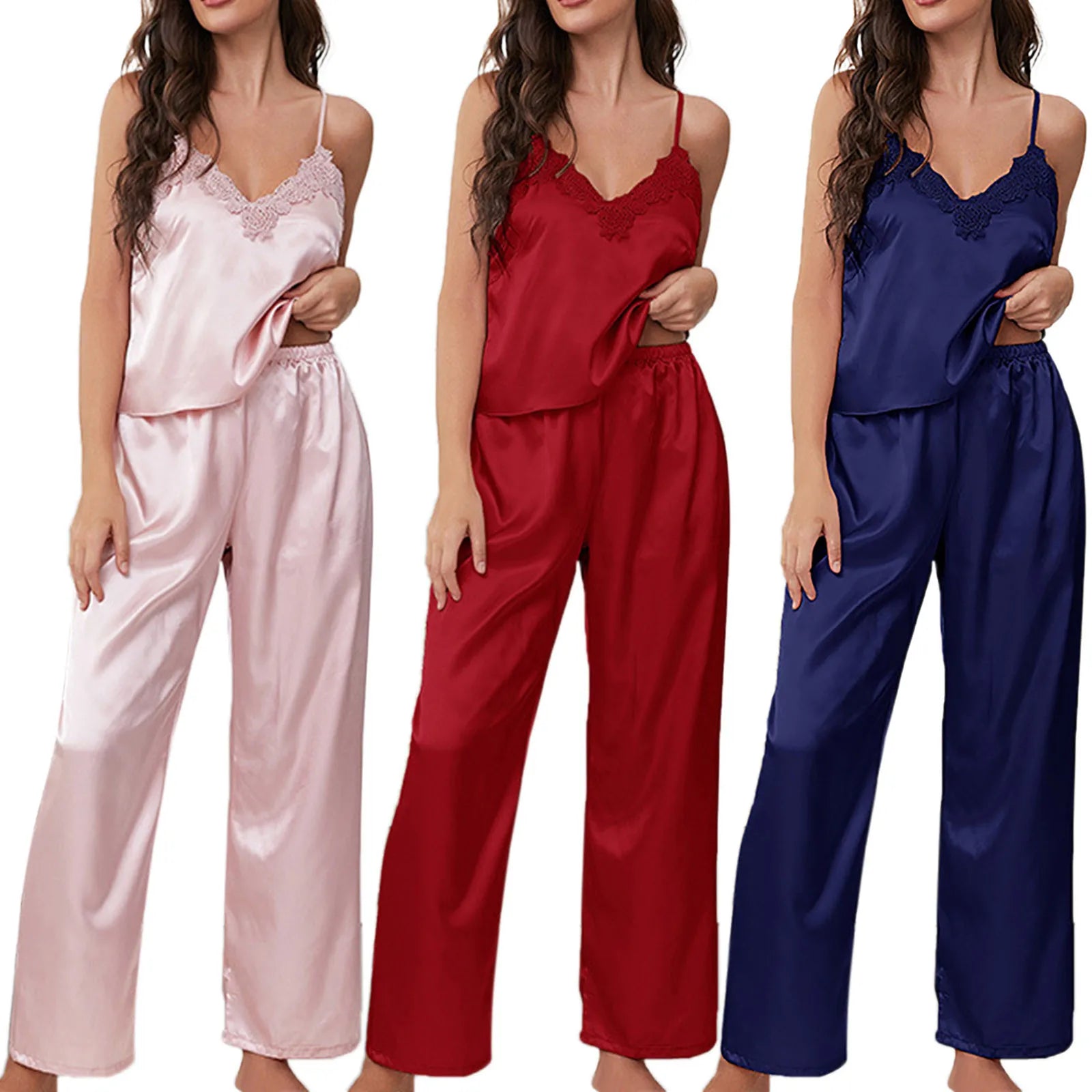Women'S Satin Pajamas Set Autumn Winter Sleeveless Top Long Pants Sleepwear 2 Piece Set For Women Casual Home Loose Pajamas Set