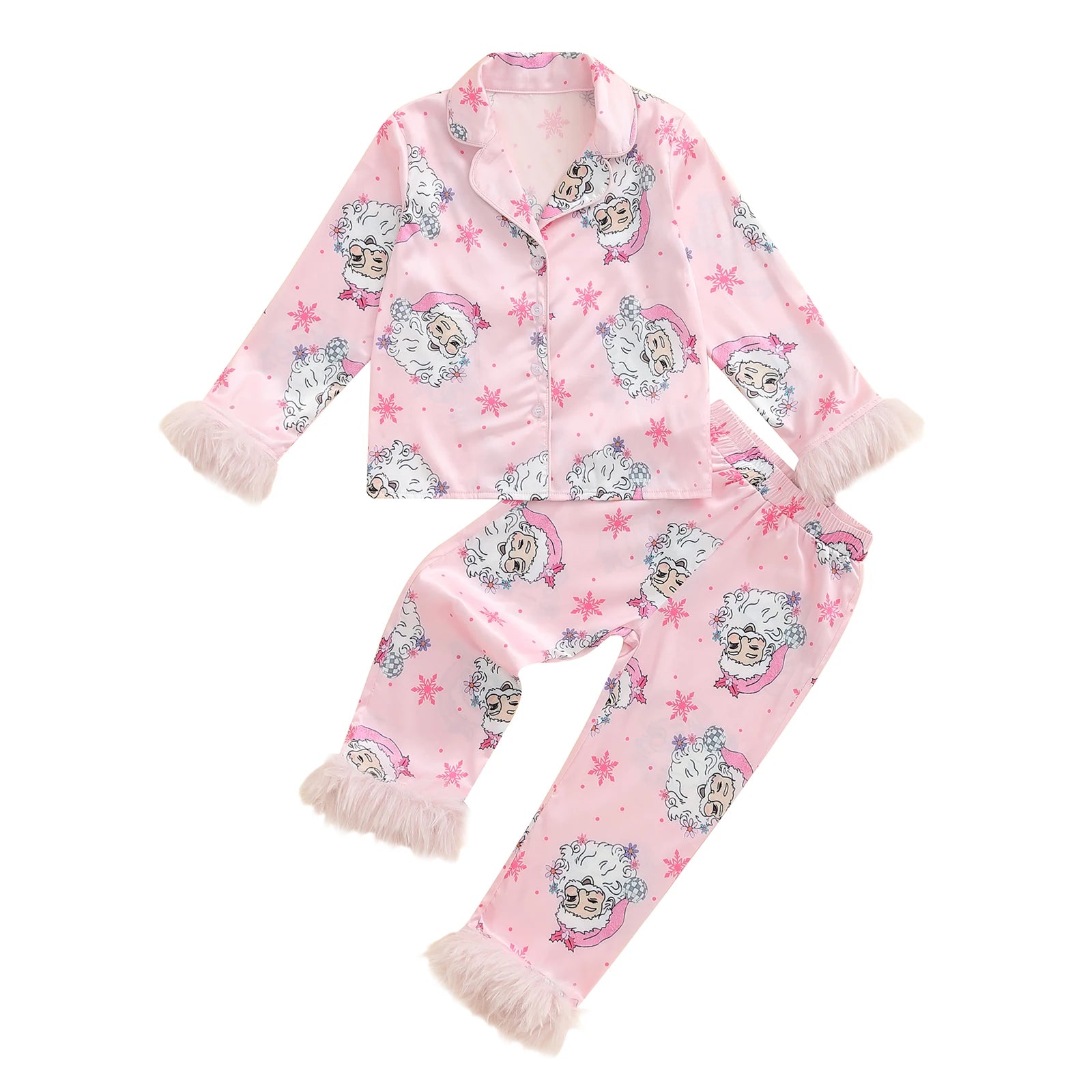 Matching Family Christmas Pajamas Set with Santa Print Button Down Long Sleeve Lapel Tops and Pants for Mommy and Me Sleepwear