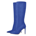 Onlymaker Pointed Toe Knee High Boots Stiletto High Heels Soft PU Leather Flock Concise Side Zipper Big Size Fashion Boots