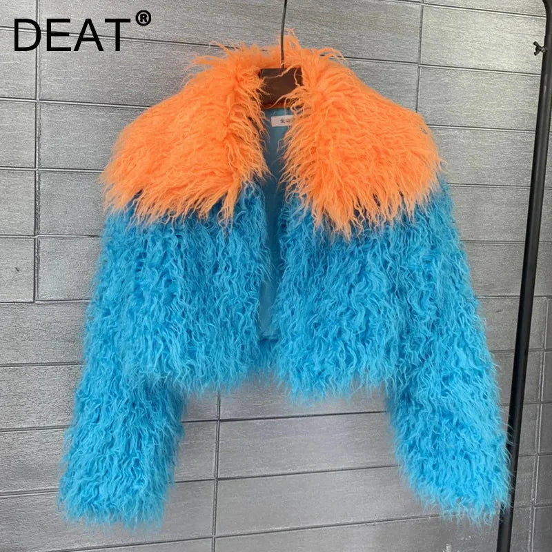 DEAT 2025 Fashion Winter Turn-Down Collar Faux Fur Short Coat For Women Versatile Loose Lamb Wool Jacket Female 11A06261