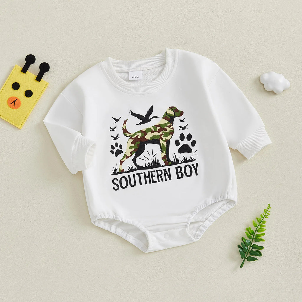 2025-05-05 Lioraitiin Newborn Baby Boy Romper Long Sleeve Round Neck Camo Dog Print Bodysuit Fall Playsuit