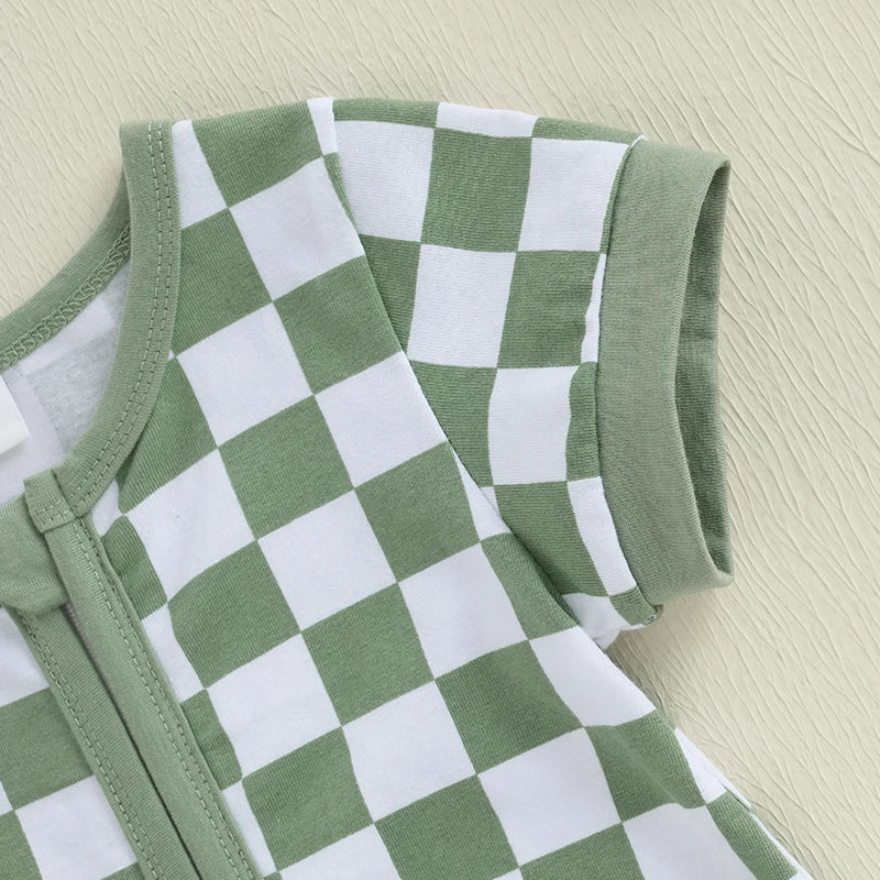 2025-02-06 Lioraitiin Baby Boys Summer Romper Checkerboard Print Short Sleeve Round Neck Zipper Front Jumpsuit
