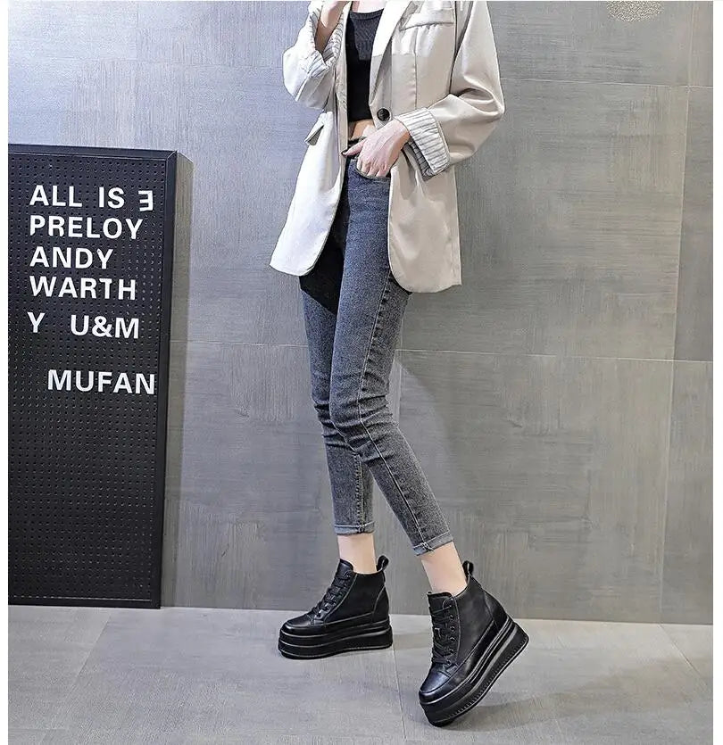 Women High Top Sneakers Platform Breathable Genuine Leather Shoes Spring Lady Wedges Casual Shoes For Woman Sports Dad Shoes 9CM