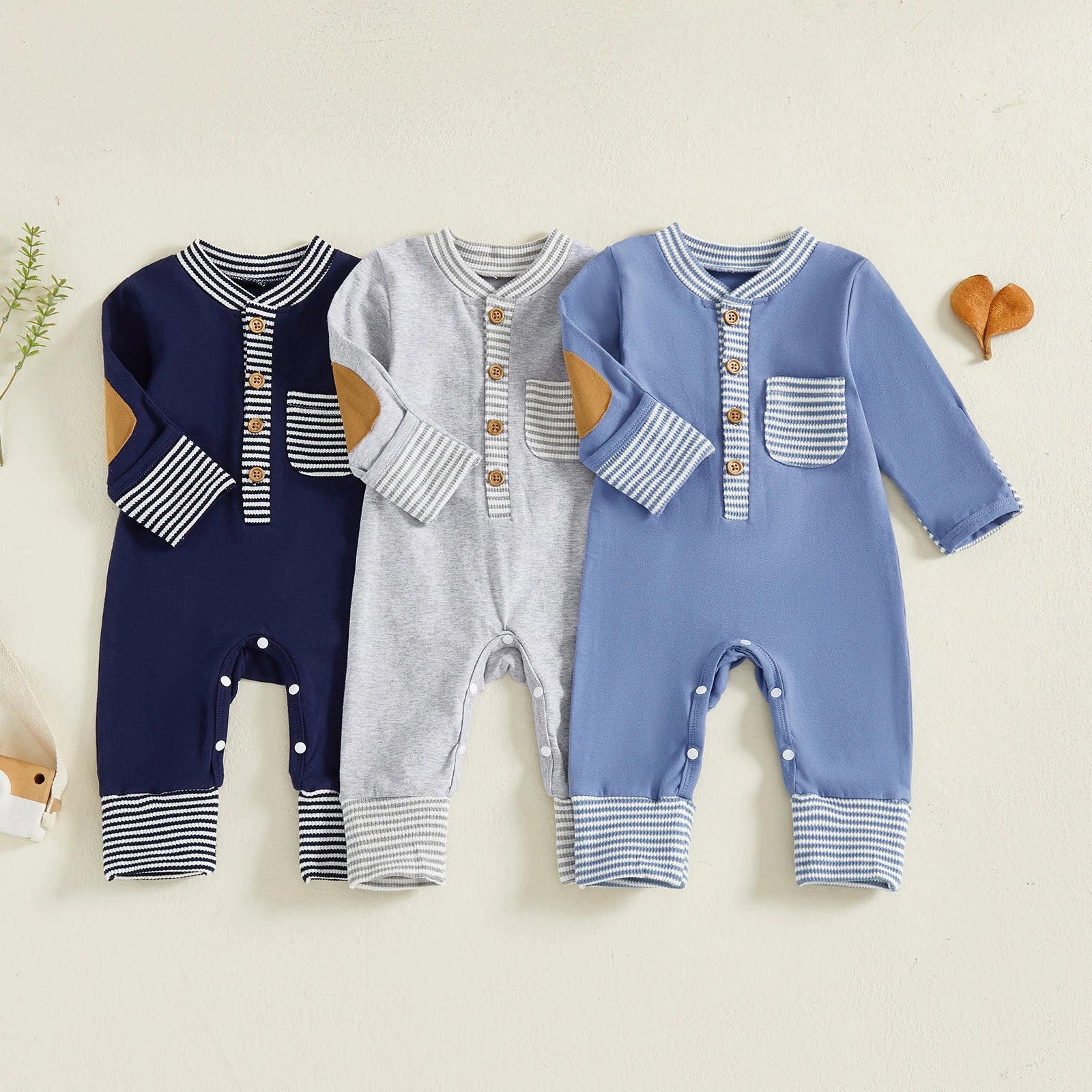 Lioraitiin Baby Boys Jumpsuit Long Sleeve Striped Patchwork Casual Autumn Newborn Romper Clothes