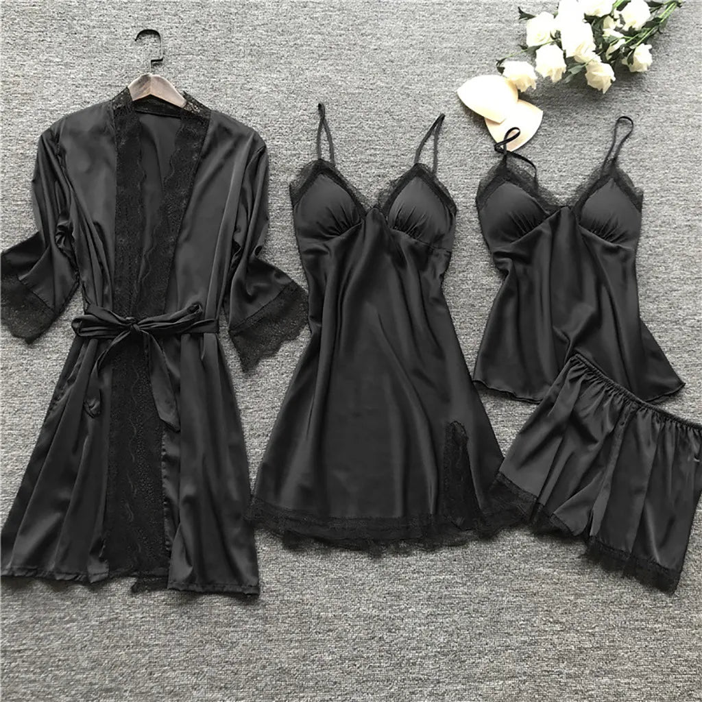 Large Size 4 Piece Women Pajama Sets Sexy Lace Embroidery Robe With Nightdress Outfits Loungewear Satin Silky Pyjama Sets