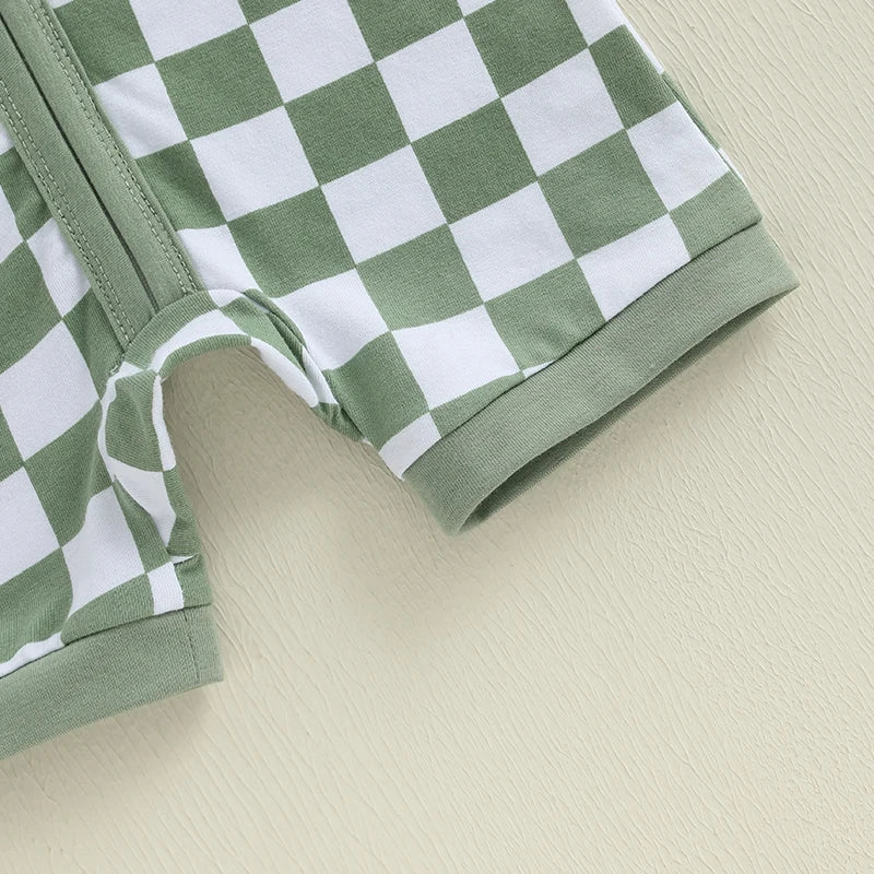 2025-02-06 Lioraitiin Baby Boys Summer Romper Checkerboard Print Short Sleeve Round Neck Zipper Front Jumpsuit