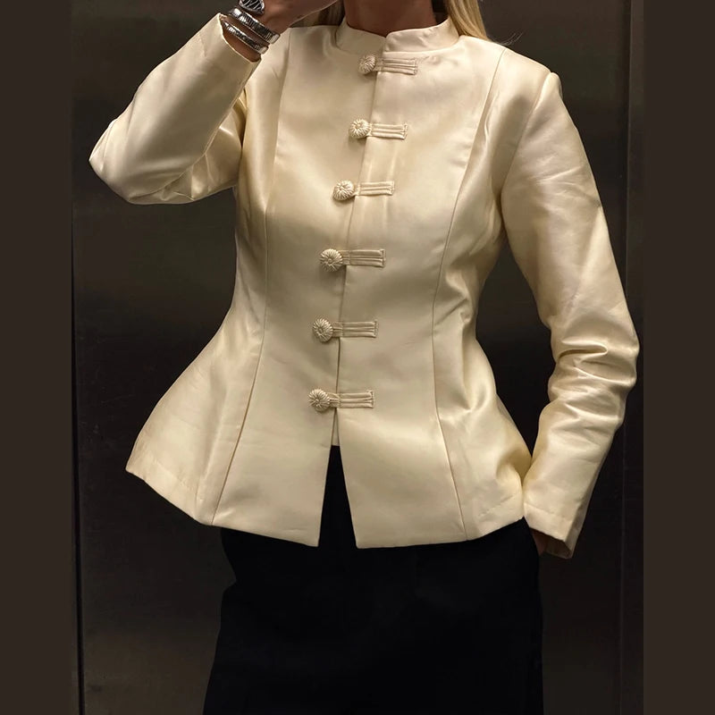 Vintage Stand Collar Velvet Frog Button Blazer Women Solid Long Sleeve Slim Cropped Jackets 2026 Spring Lady Fashion Outwear New
