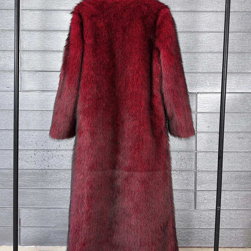 DEAT 2025 winter new fashion high quality Fox Faux Fur long Coat for Women Suit Collar solid color thick warm jacket 11A06914
