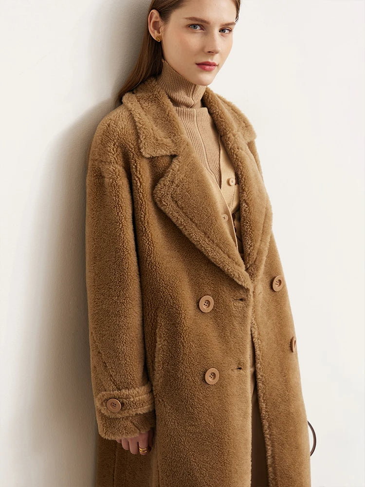 Amii Fur Coat 2025 Winter New Warm Office Lady Turn-Down Collar Full Wool Outerwears Straight Double-breasted Coat 12554013