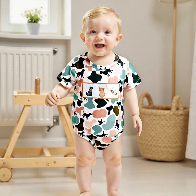 Lioraitiin Newborn Baby Boys Summer Jumpsuit Casual Dog Camouflage Print Embroidery Short Sleeve Romper Cute Clothes