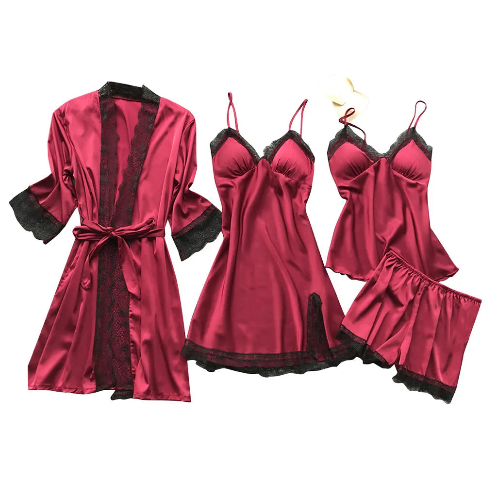 Large Size 4 Piece Women Pajama Sets Sexy Lace Embroidery Robe With Nightdress Outfits Loungewear Satin Silky Pyjama Sets