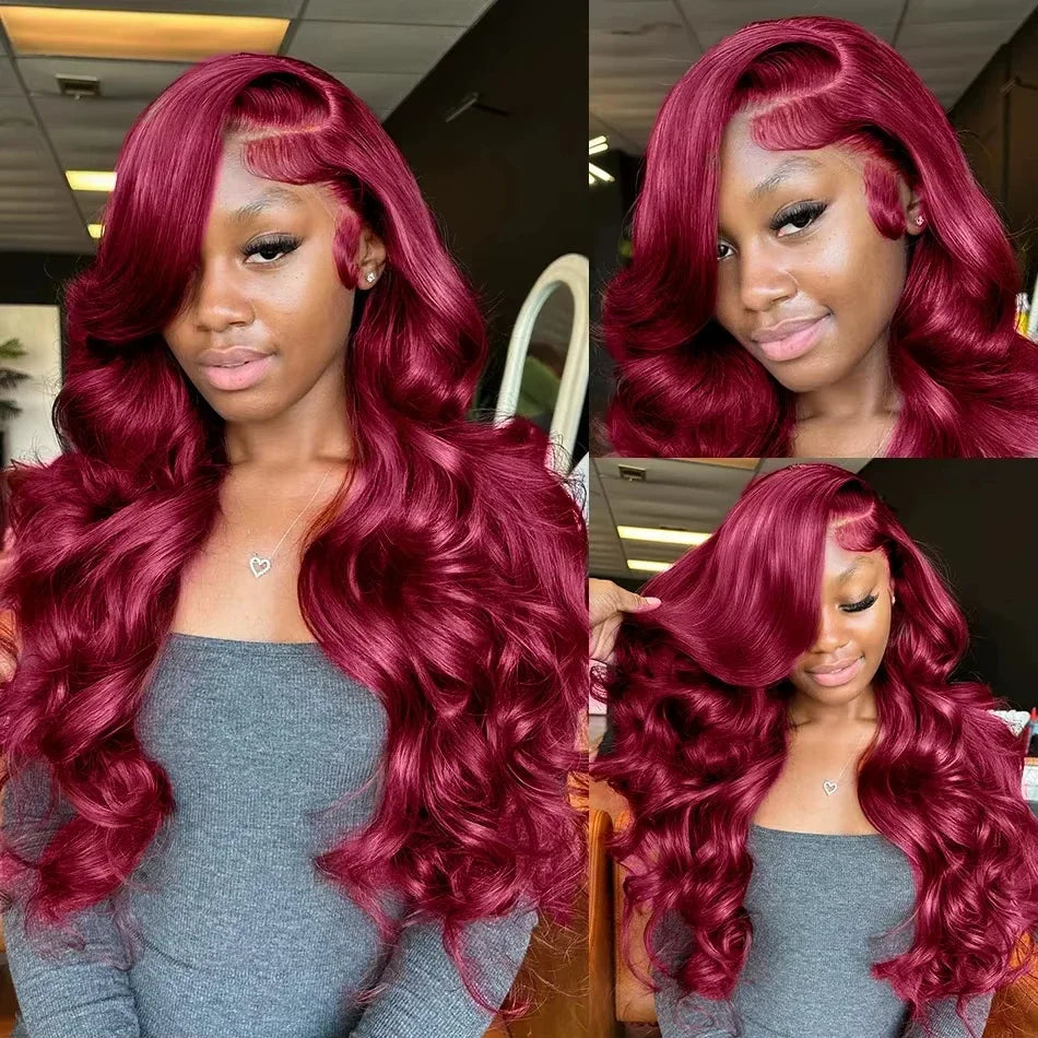 200% Colored 99j Wine Red Human Hair Wig Brazilian 40 Inch Burgundy 13x6 HD Lace Frontal Wig Body Wave 100% Remy Human Hair Wigs