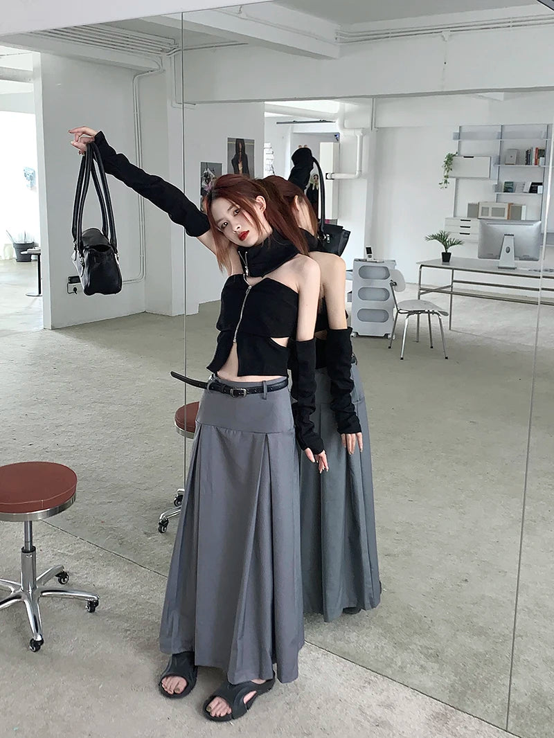 Qiukichonson Grey Midi Long Skirts Womens Trousers Skirt 2022 Autumn Winter Goth Lolita High Waist Asymmetrical Pleated Skirts